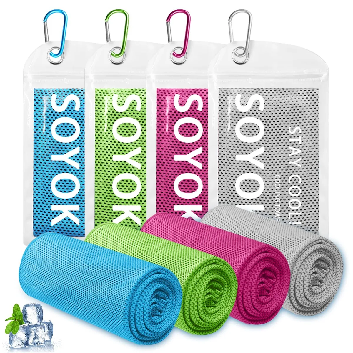 Four white microfiber cooling towels folded with waterproof bags and carabiners