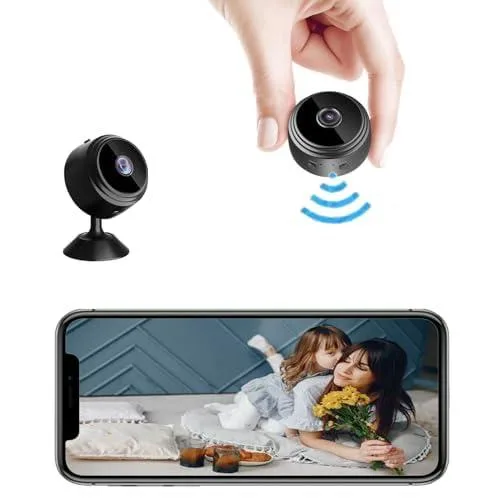 Small black cube camera with rotating stand and wide-angle lens
