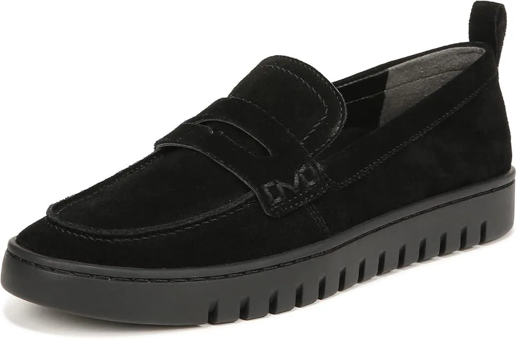 Black suede slip-on loafer, size 10, collapsible flat design