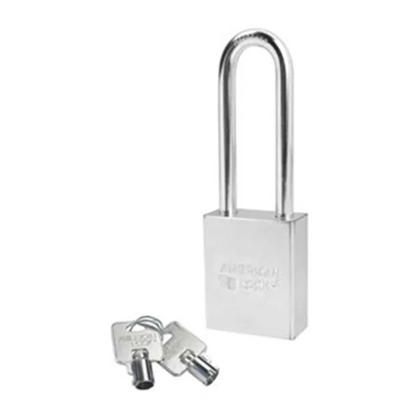 Rectangular chrome-plated steel padlock with long boron shackle