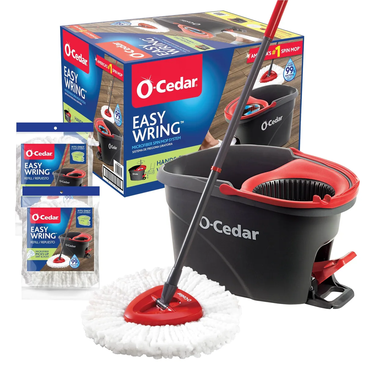 Red and gray spin mop with bucket, wringer, and two extra microfiber heads