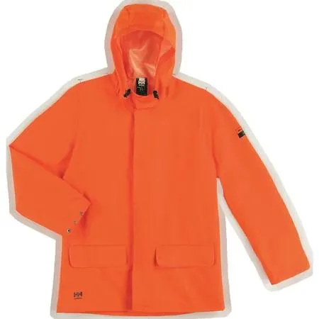 Orange PVC-coated polyester rain jacket, XL size, attached hood, snap front, two outer pockets, thigh length