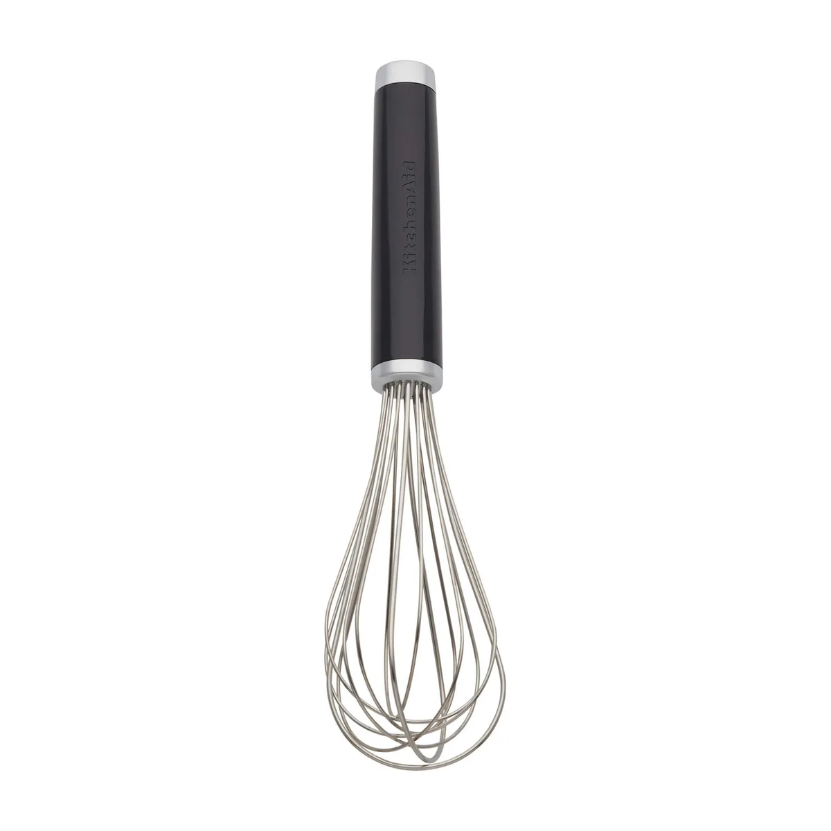 Black plastic-handled whisk with stainless steel wires, 10.5 inches long