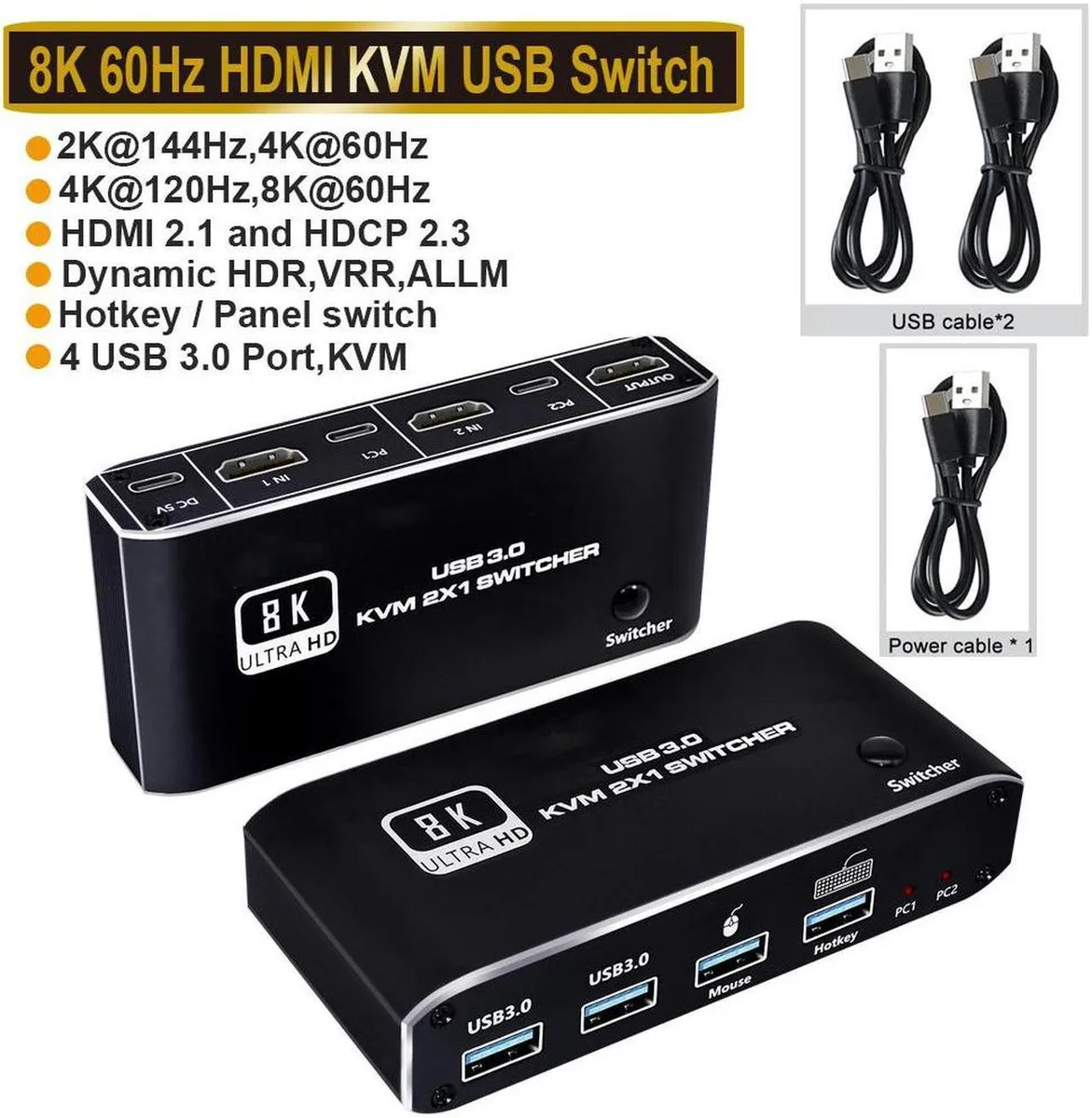Vszerda Vszerda 2-Port HDMI 2.1 KVM Switch USB 3.0 8K 60Hz Darkish — product photo