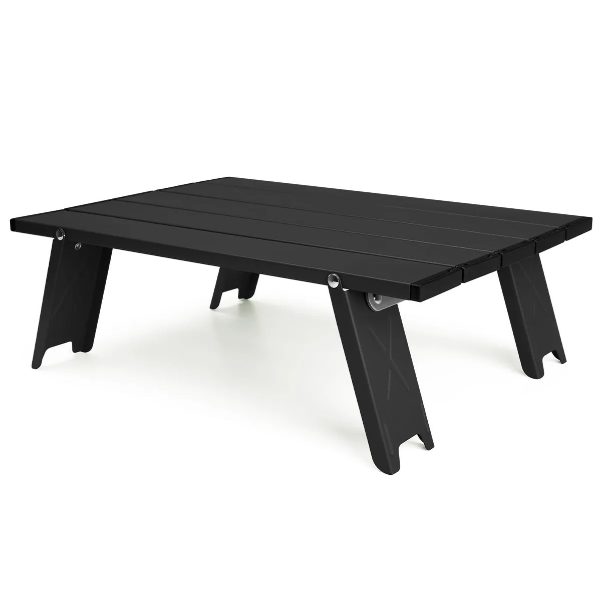 Small black aluminium folding table, 28 by 40 by 13 cm, folded size 15.75 by 2.76 by 2.36 inches