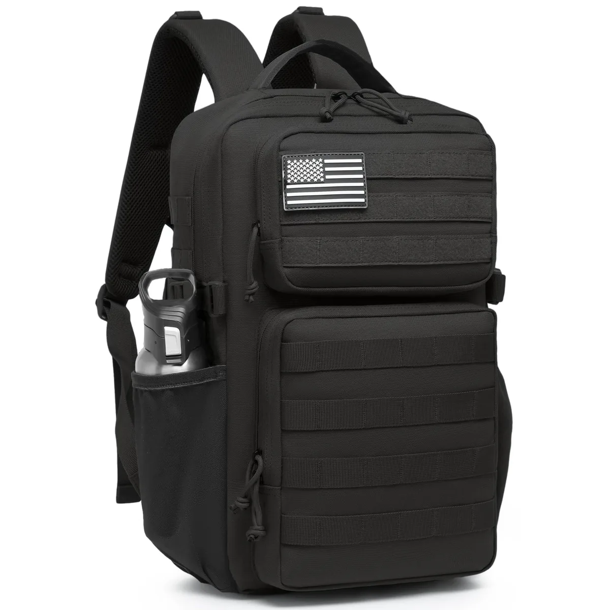 Black 25L tactical backpack in nylon with MOLLE webbing and side bottle pockets