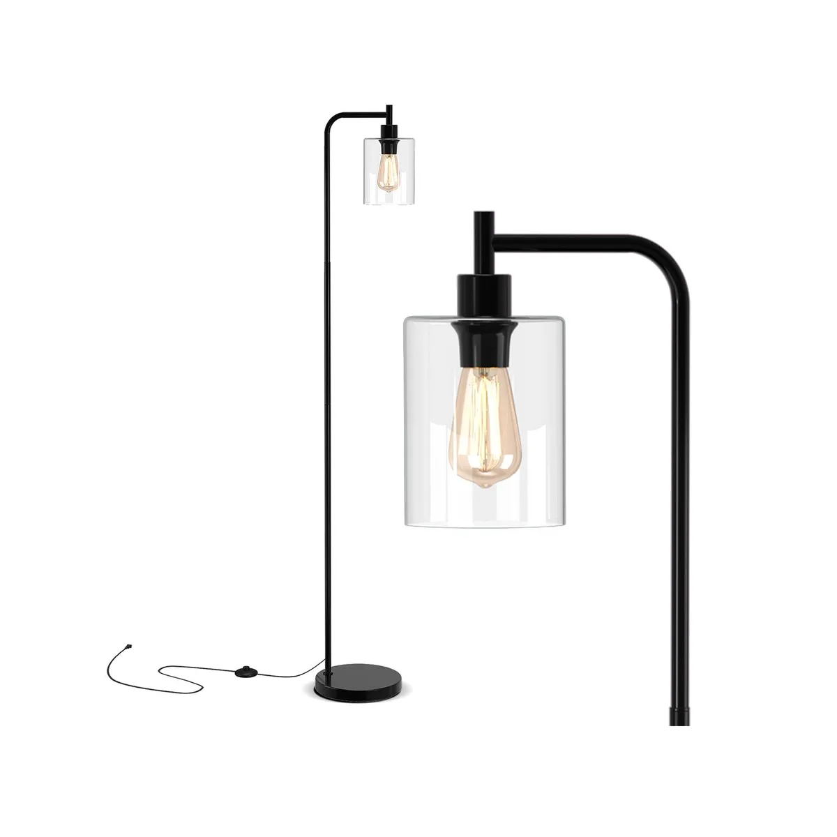 Black metal floor lamp with hanging clear glass shade, foot switch and anti-tip base