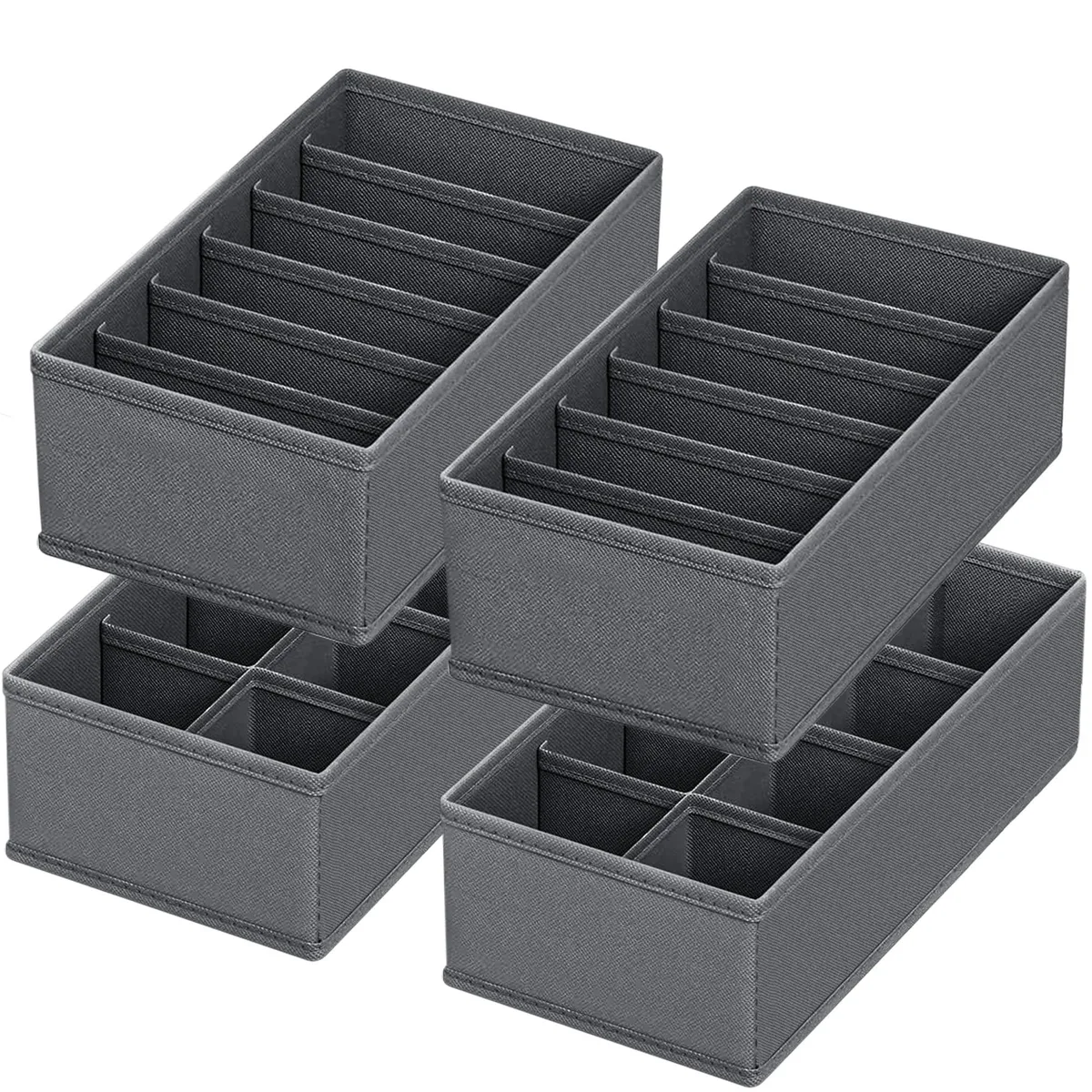 Four collapsible fabric drawer dividers in a neutral tone, rectangular with internal compartments for socks and underwear