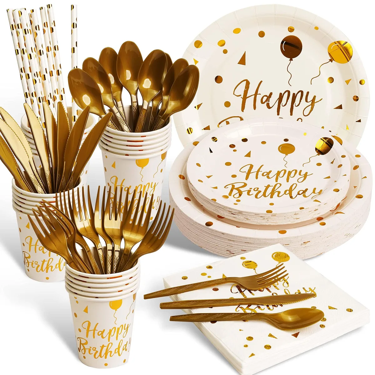 White and gold disposable party tableware set for 25 guests, 200 pieces including plates cups cutlery and straws