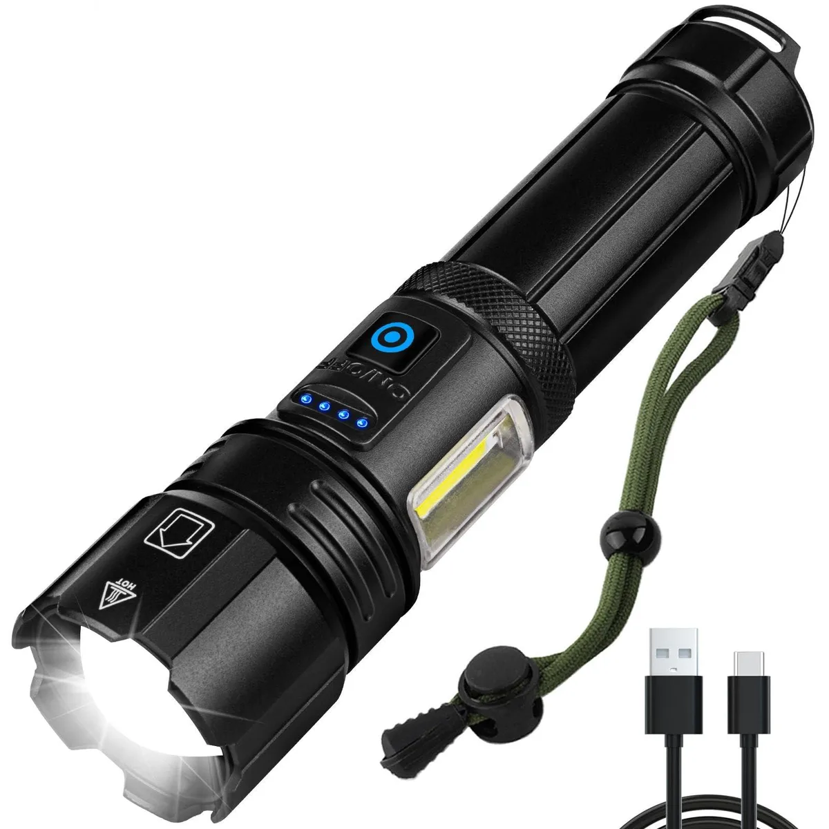 Compact aluminium flashlight with COB side light, matte finish, USB port and finger loop