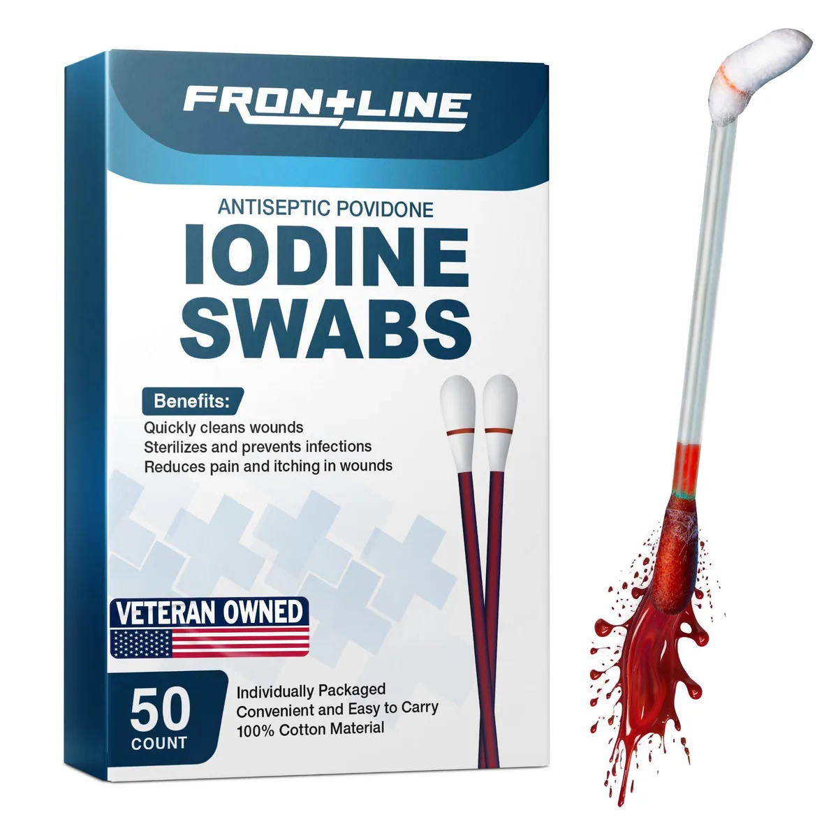 Box of 50 blue individually wrapped povidone iodine swabs