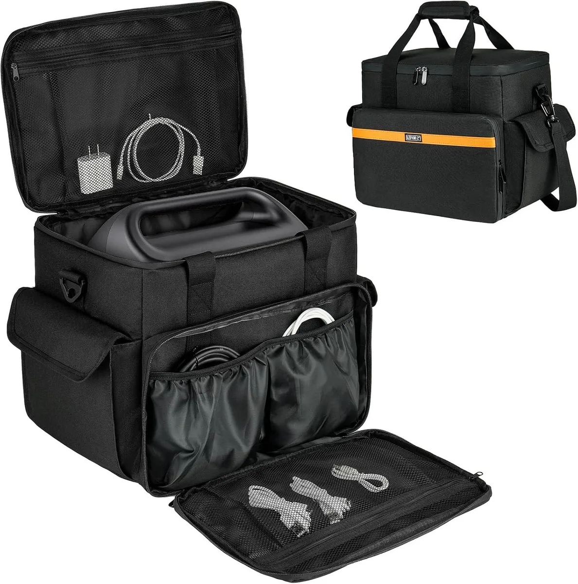 Grey rectangular carrying bag with padded handles, removable shoulder strap, front pocket, side pockets and top mesh pocket