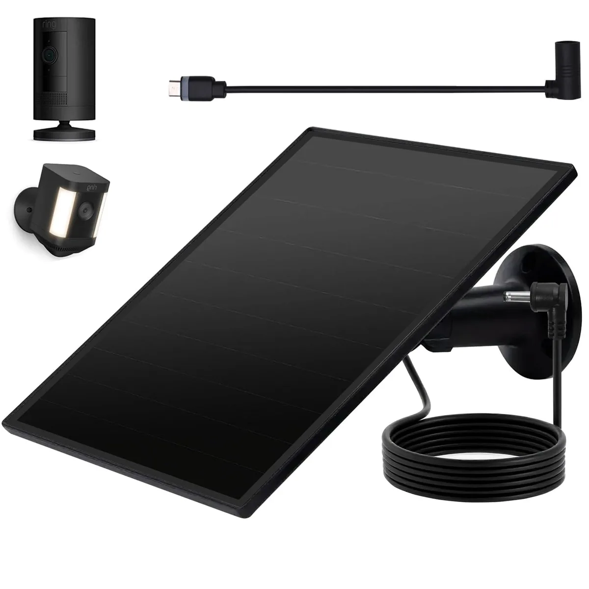 Black rectangular solar panel 8.6 by 6.3 inches with 10ft cable and 360° mount