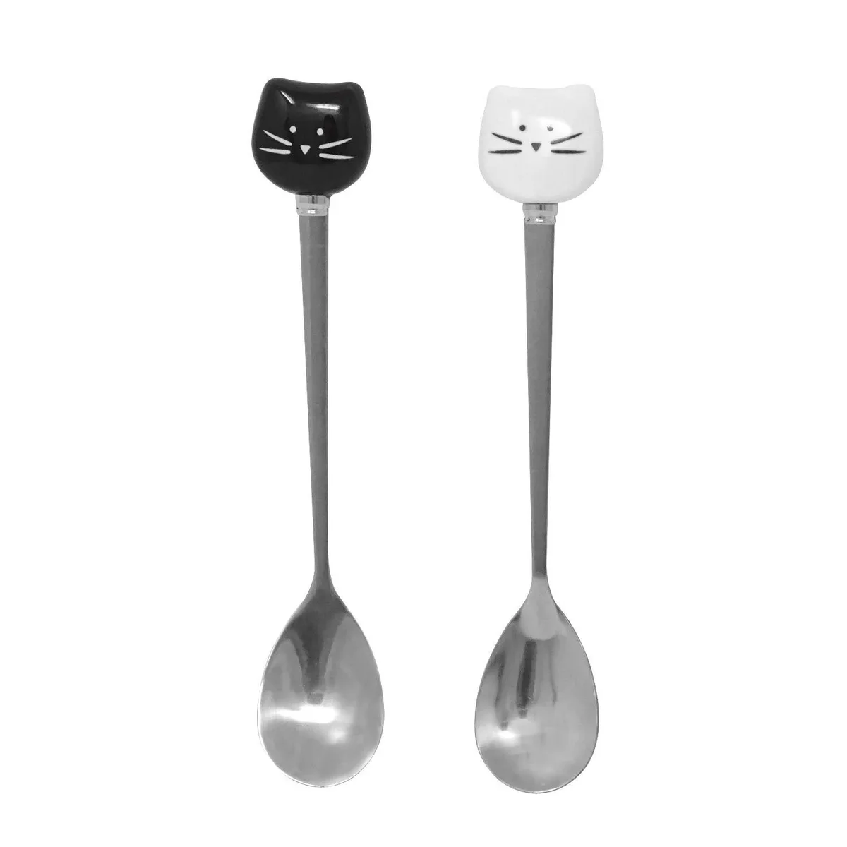 Two stainless steel spoons with ceramic cat-face handles, black and white, 14 cm long