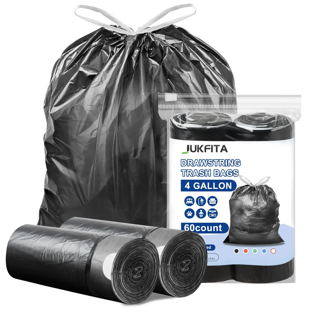  JUKFITA 4 Gallon Drawstring Trash Bags 60 Count Black JFT022A — product photo
