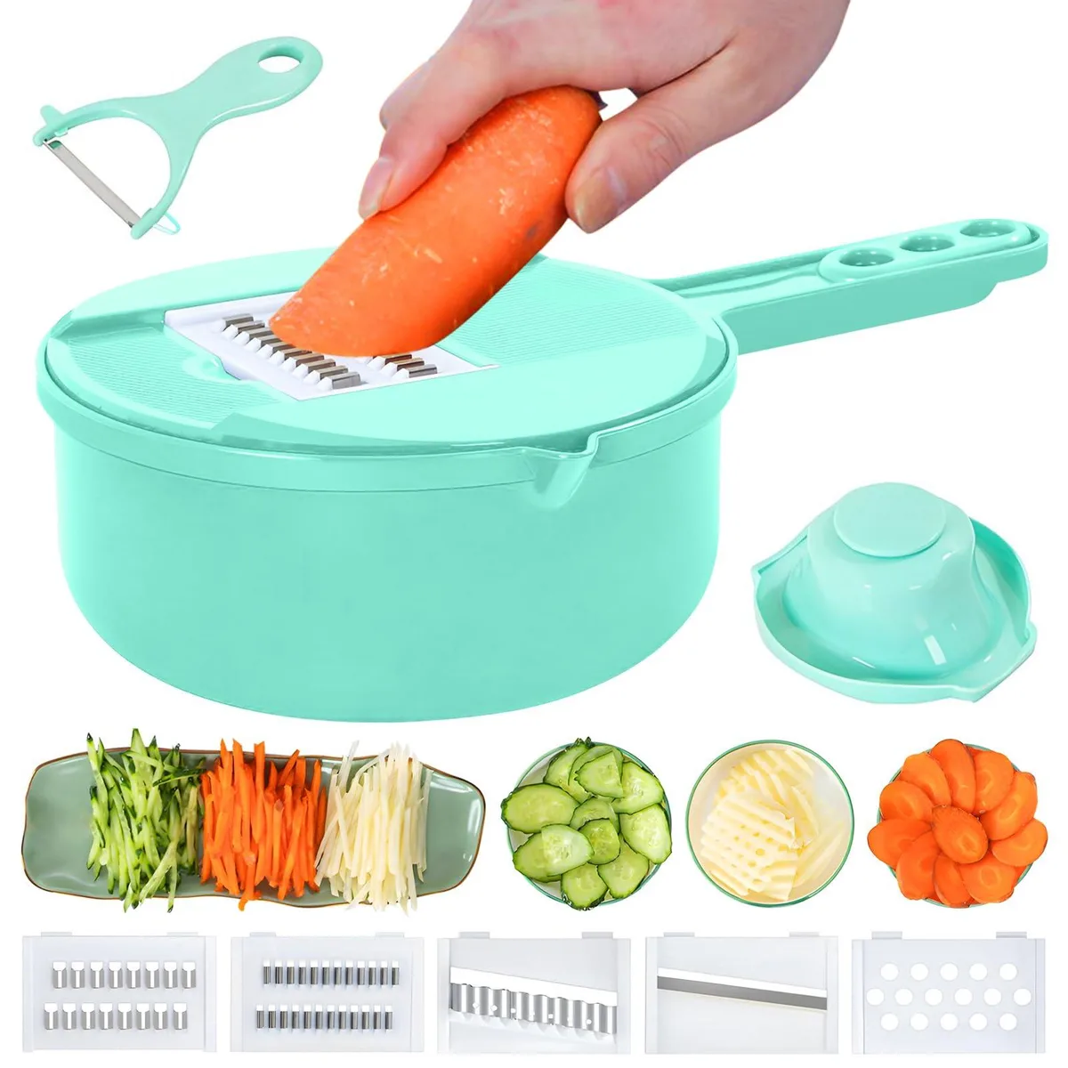 Green 7-in-1 vegetable chopper with container and stainless steel blades