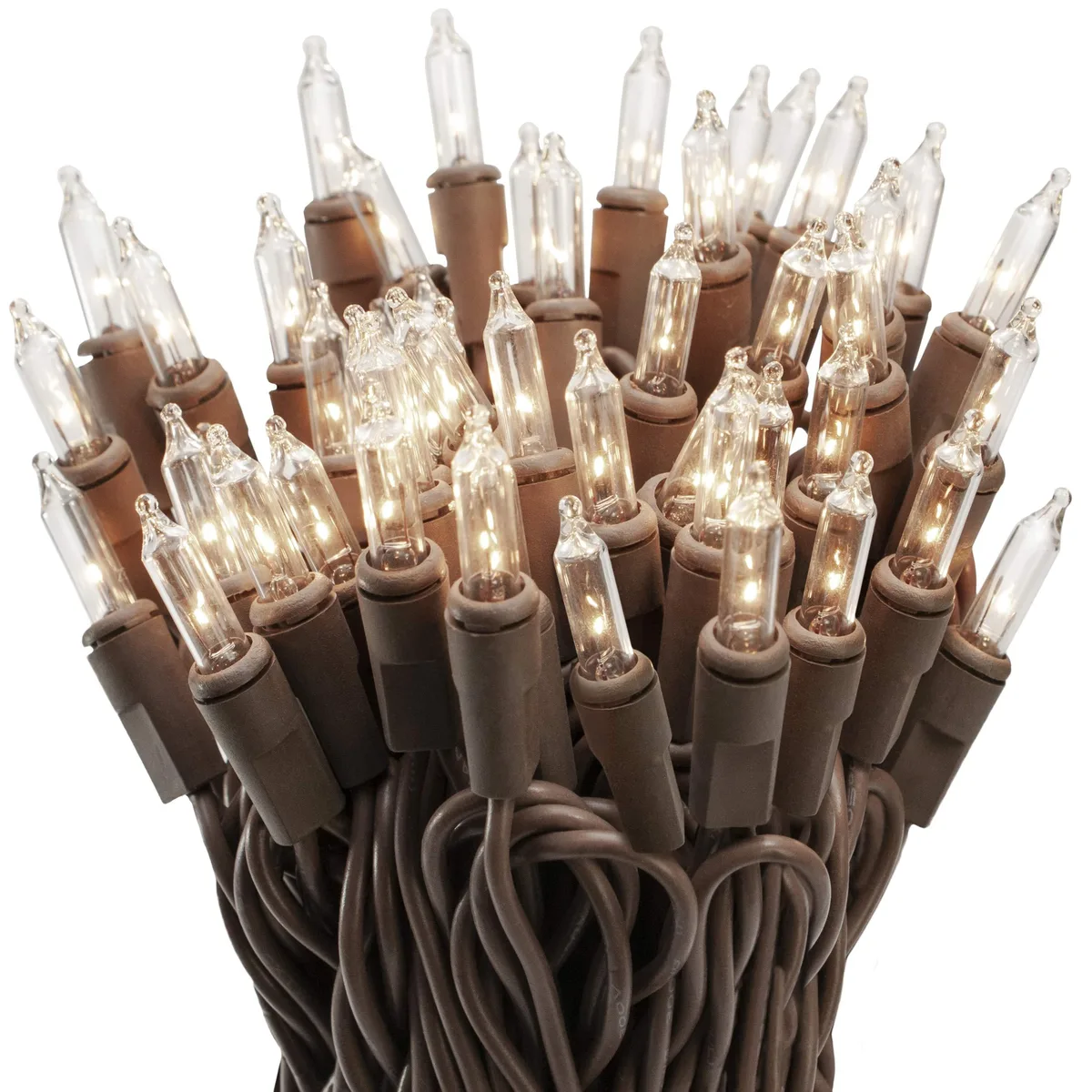 One hundred clear mini LEDs on brown wire, eighteen foot lit length, twenty foot total