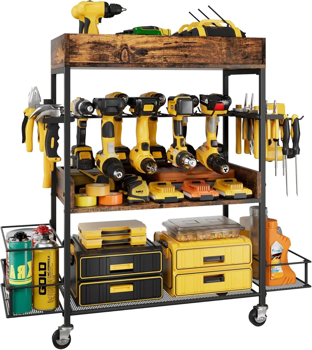 Four-tier rolling tool cart in rustic brown with wire shelves, drill rack, hooks and baskets