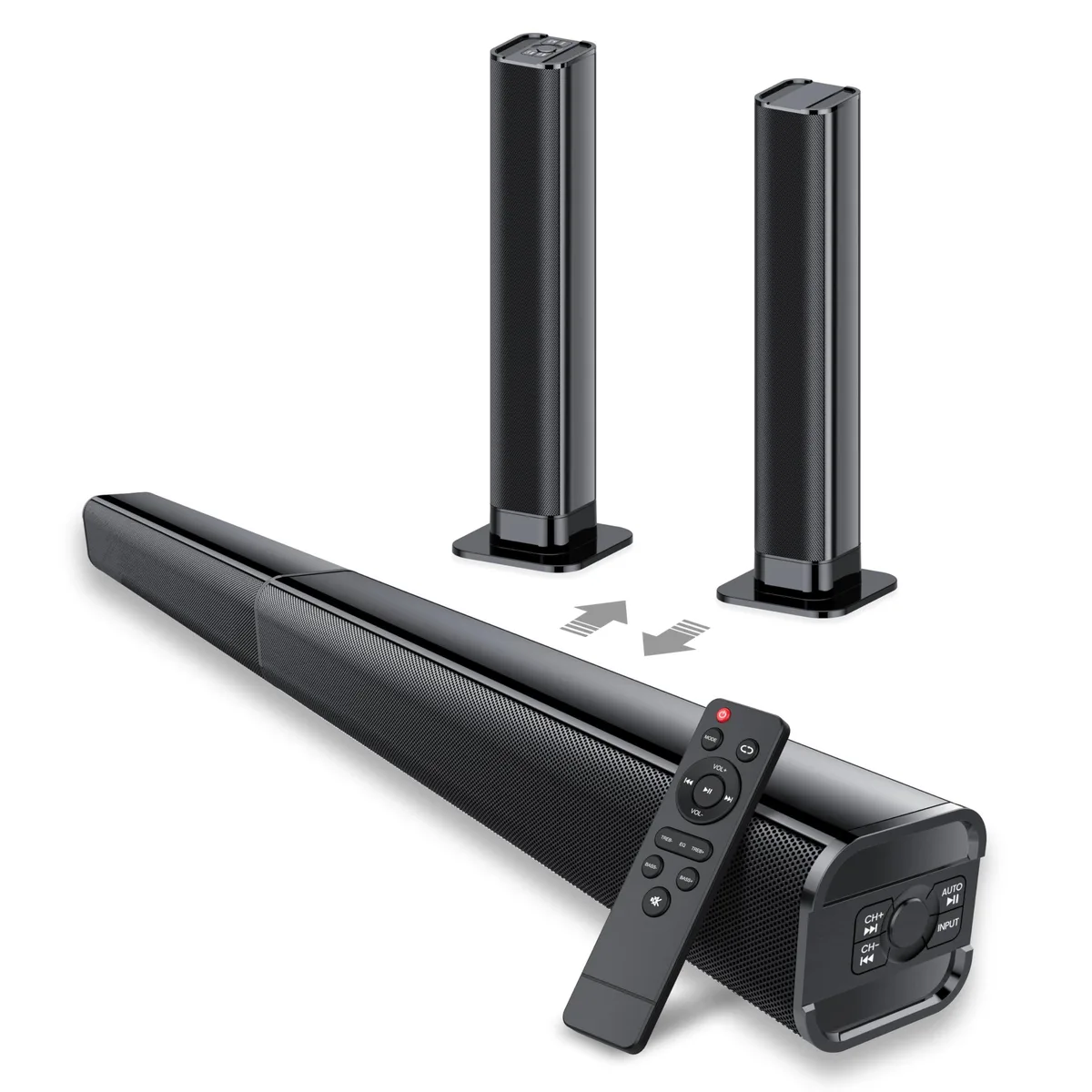 Black detachable soundbar with Bluetooth 5.3 and ARC, 120×120×25mm, 80W