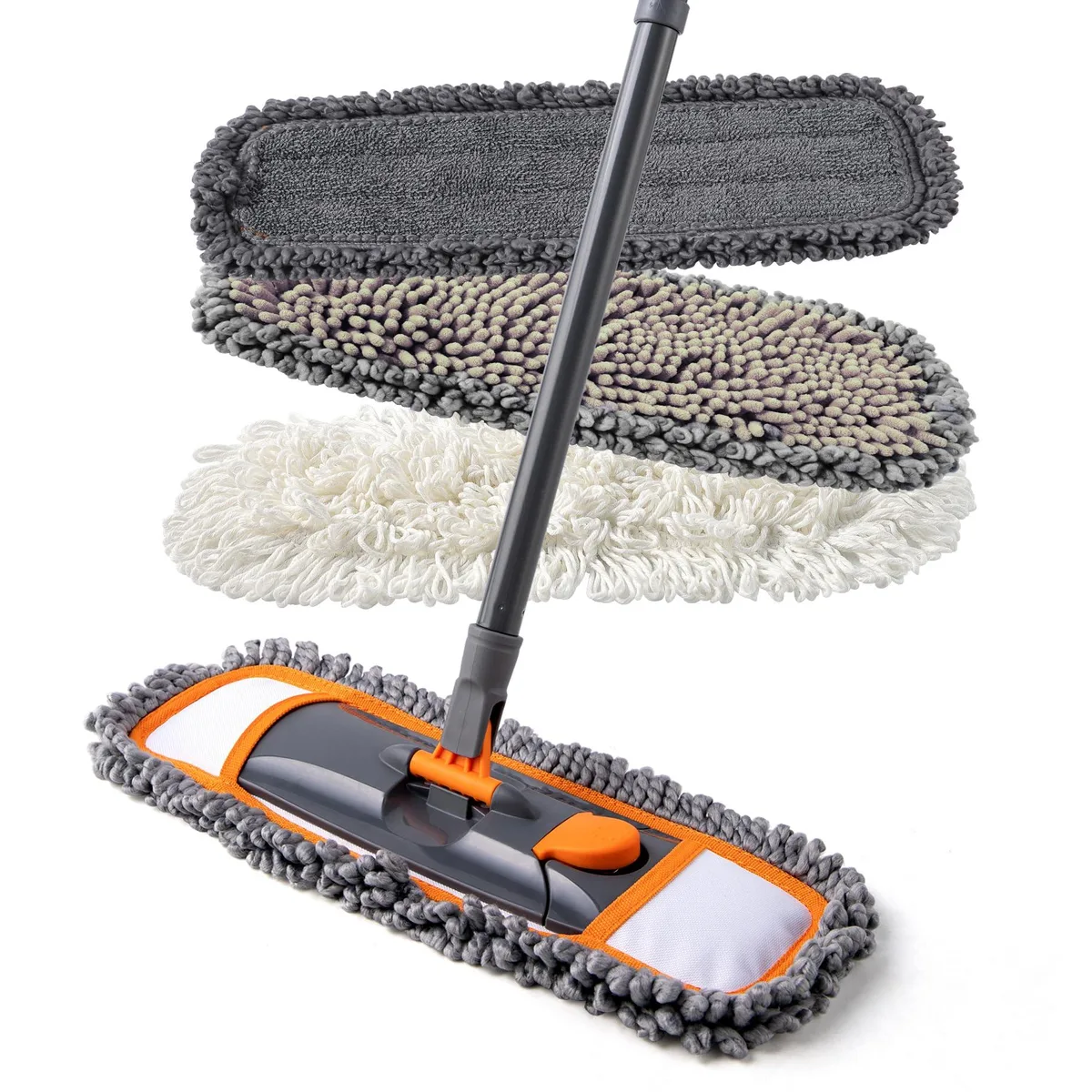 Orange microfibre dust mop with extendable handle to 55 inches and three washable pads