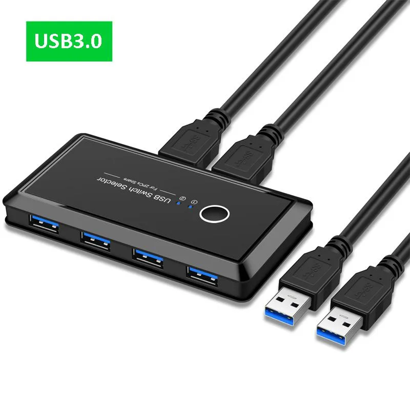 Small rectangular box with two input cables and four output ports, matte finish, manual switch button on top