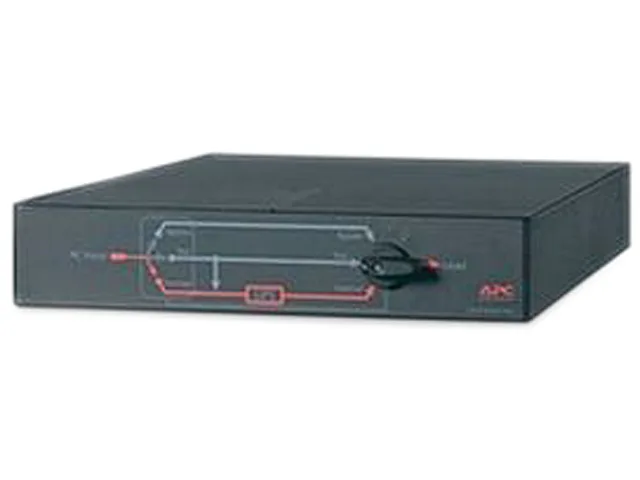 Rack-mount service bypass panel, black metal, 2U height, front switch and outlets, rear input cord and connector