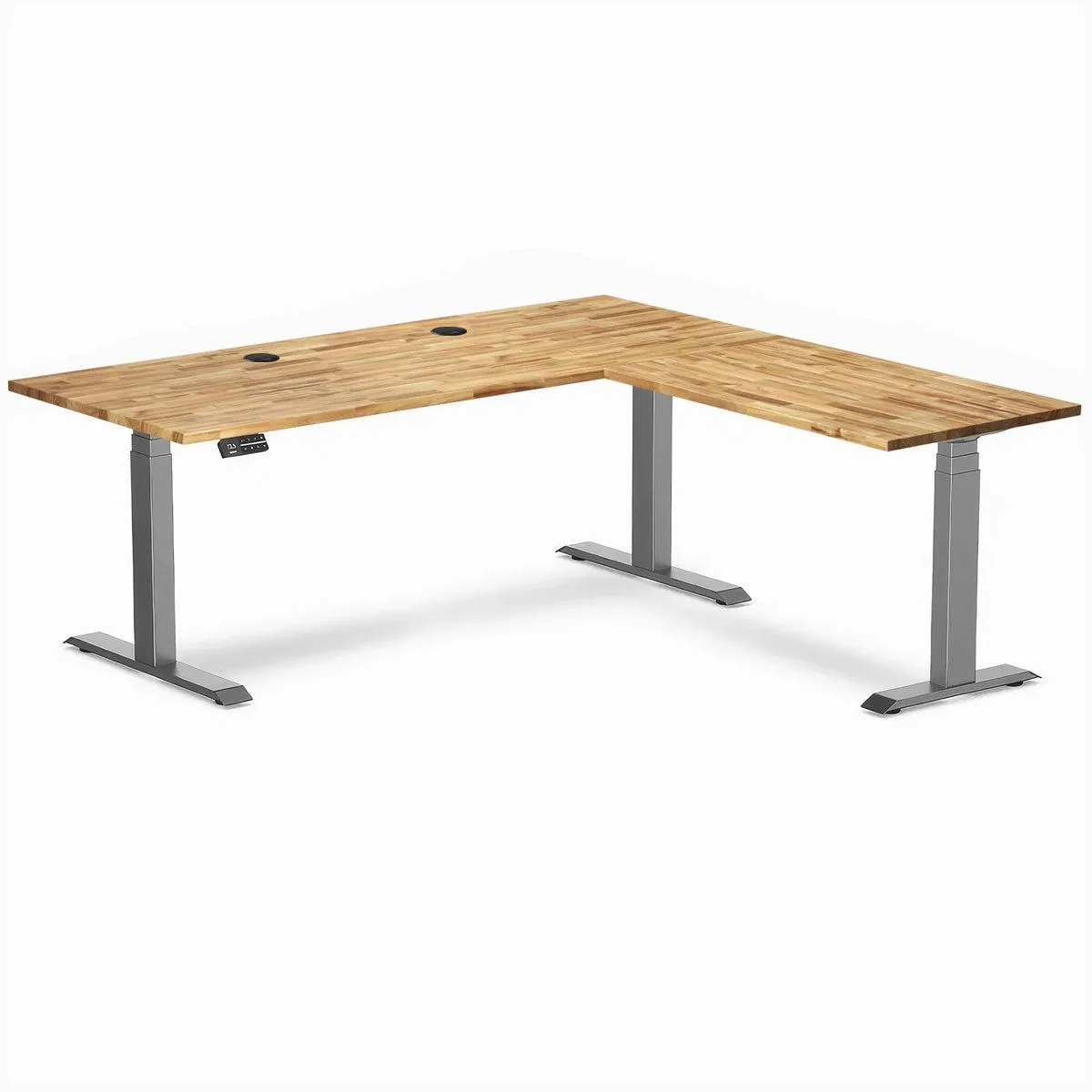 Desky Desky Hardwood L-Shape Sit Stand Desk Acacia 72 x 30 x 70 x 24 in Space Gray Triple Motor — product photo