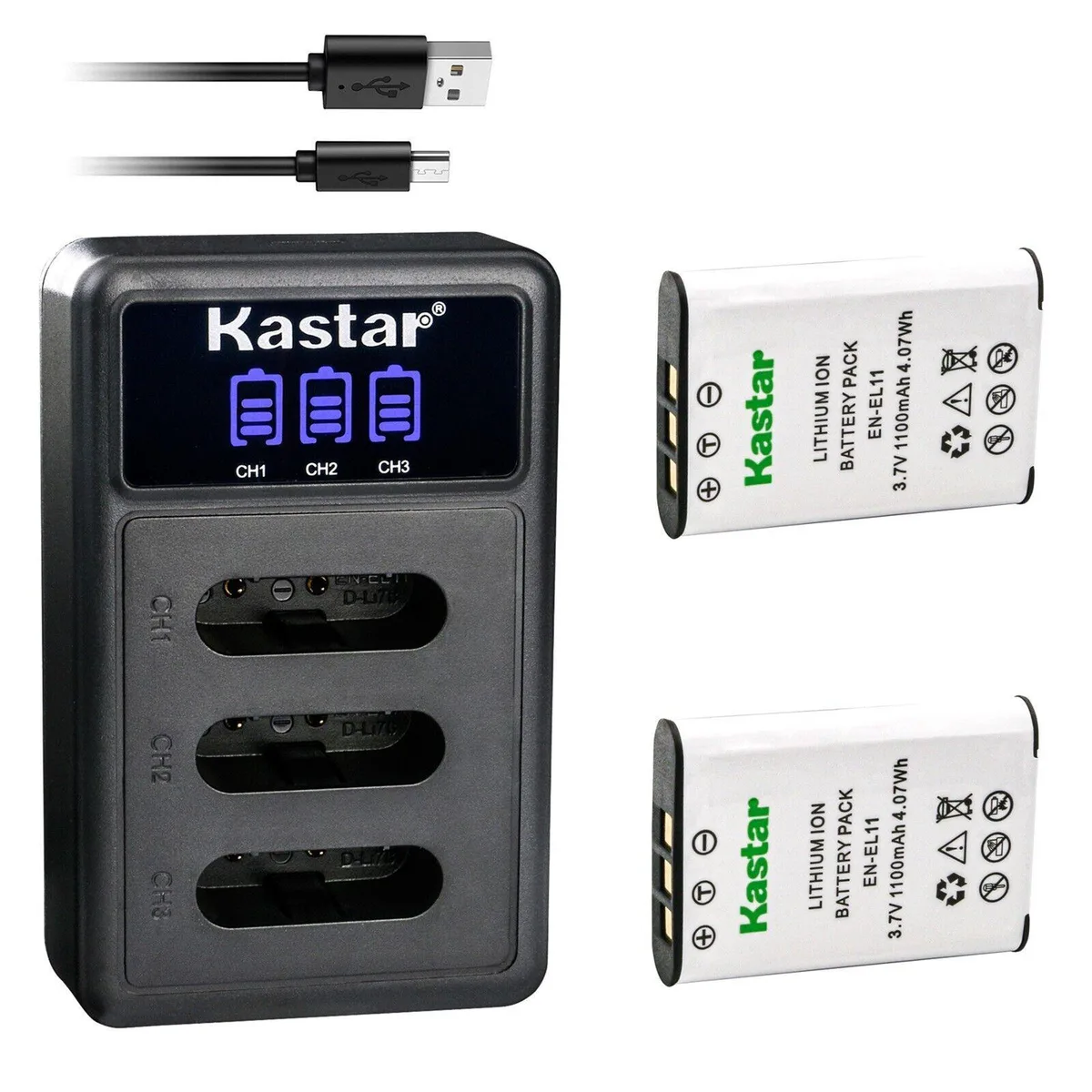Kastar Kastar EN-EL11 2-pack batteries + LCD triple USB charger 1100mAh 3.7V 4.07Wh — product photo