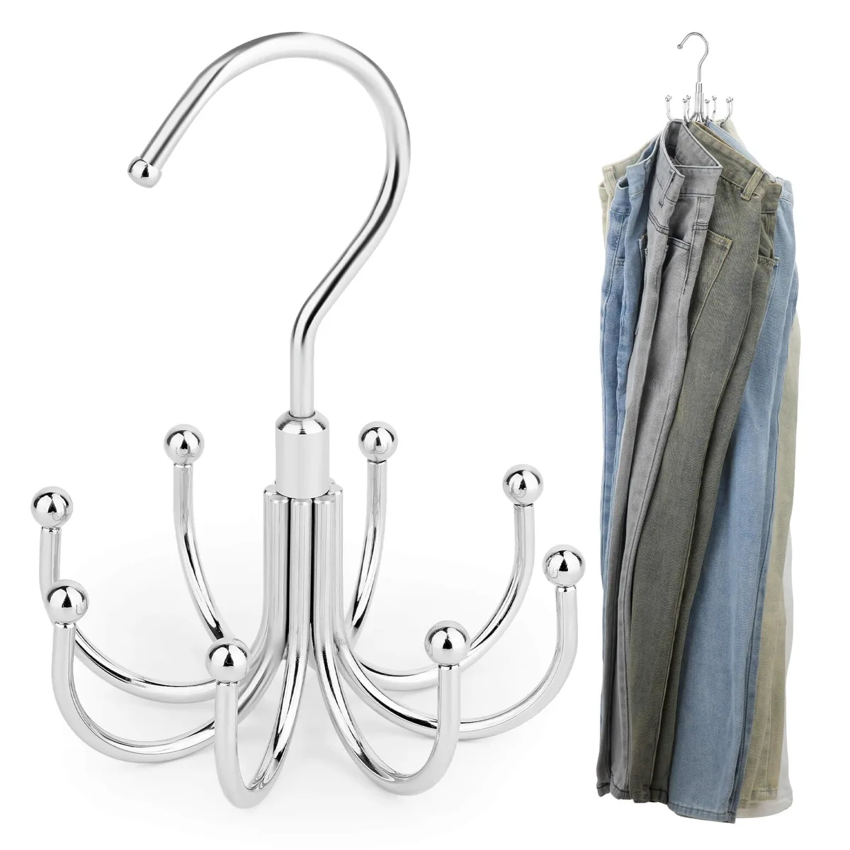 Silver metal jeans hanger with eight hooks and a rotatable top hook