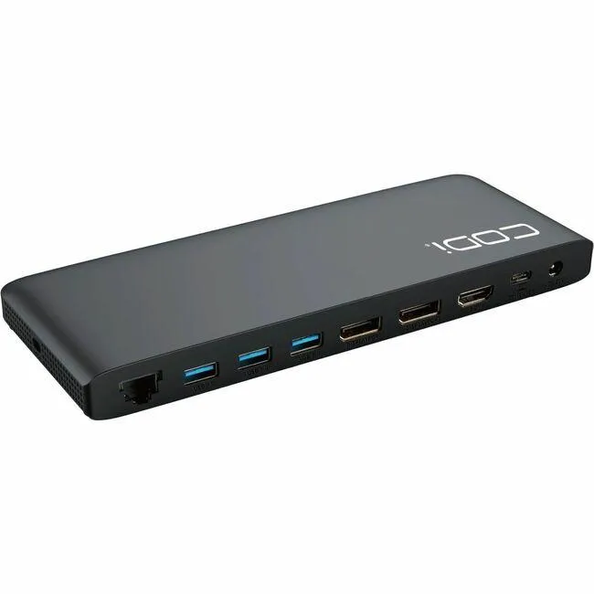 Compact dark rectangular docking station with front and rear ports