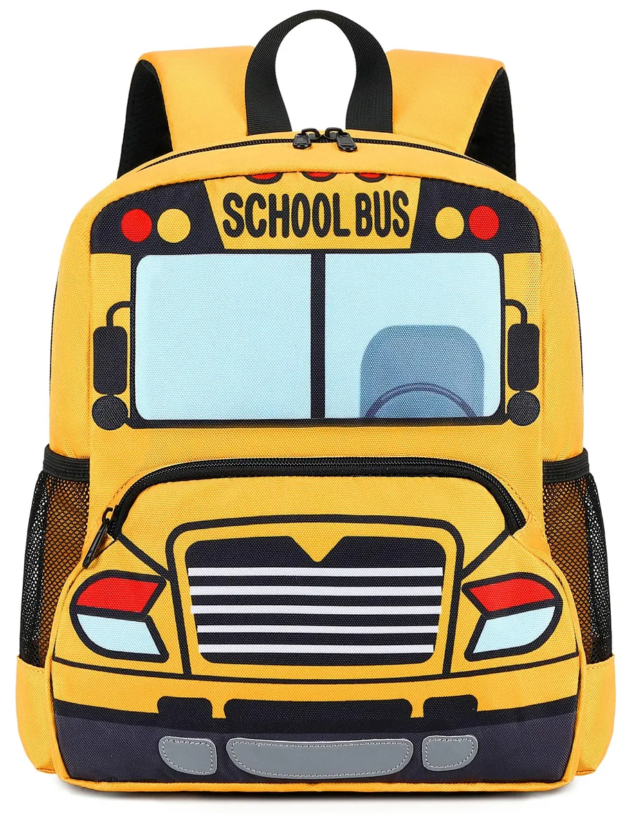 Beige kids backpack, 3D cartoon bus design, 15 by 12 by 4.8 inches, 12 litre capacity