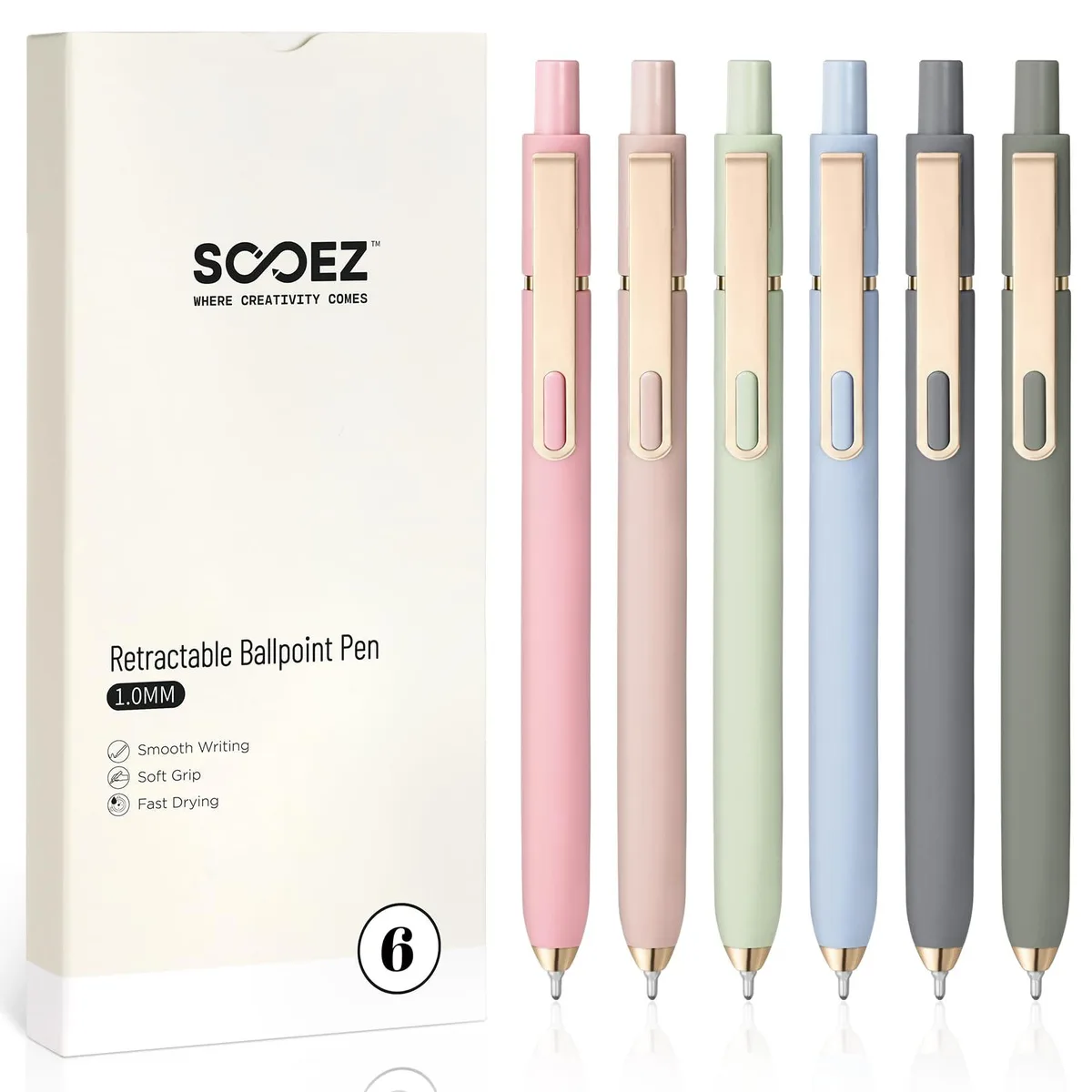 Six retractable ballpoint pens in muted colours with gold clips