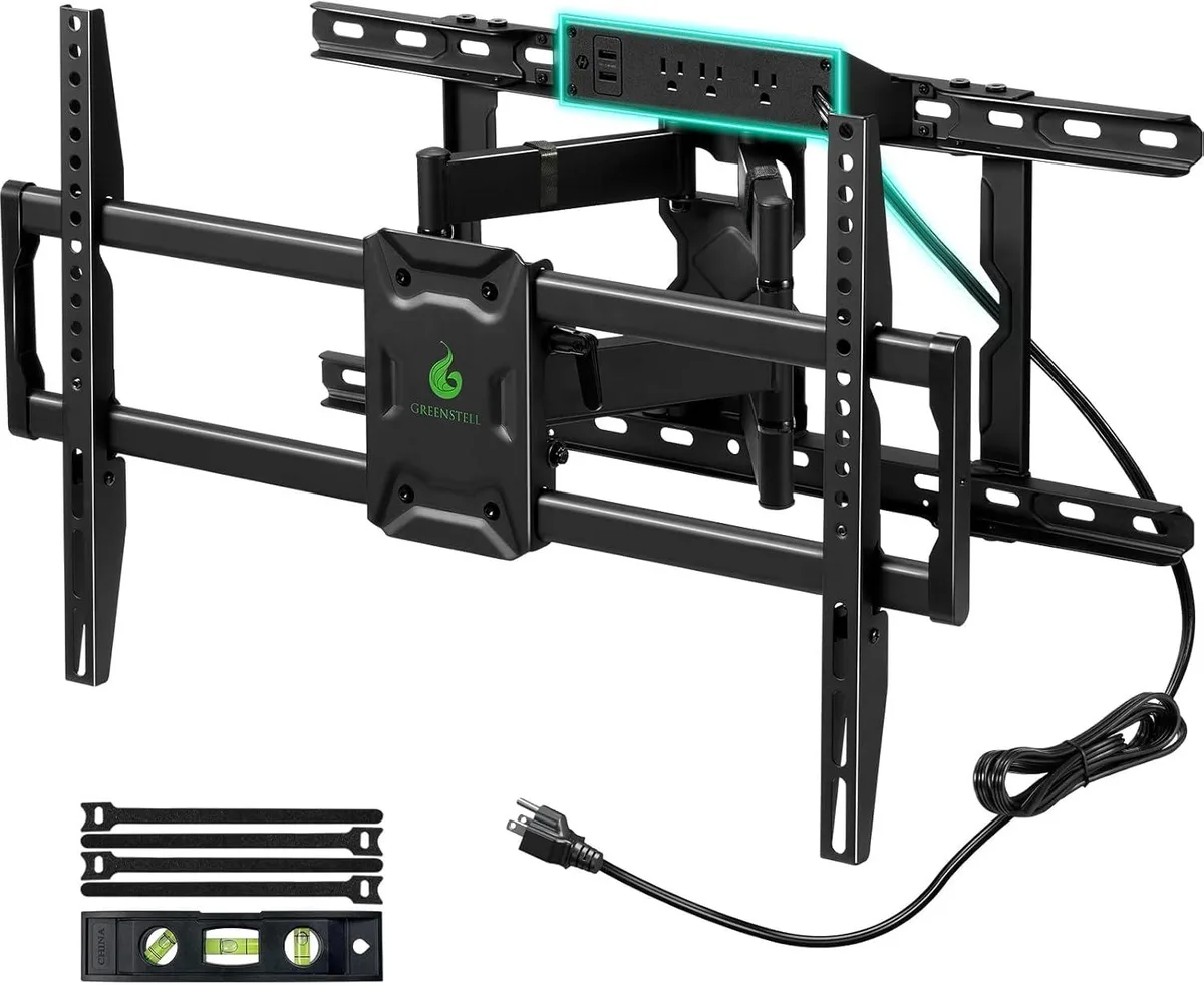 Black full-motion TV wall mount with dual articulating arms and integrated power strip showing three AC outlets and two USB ports