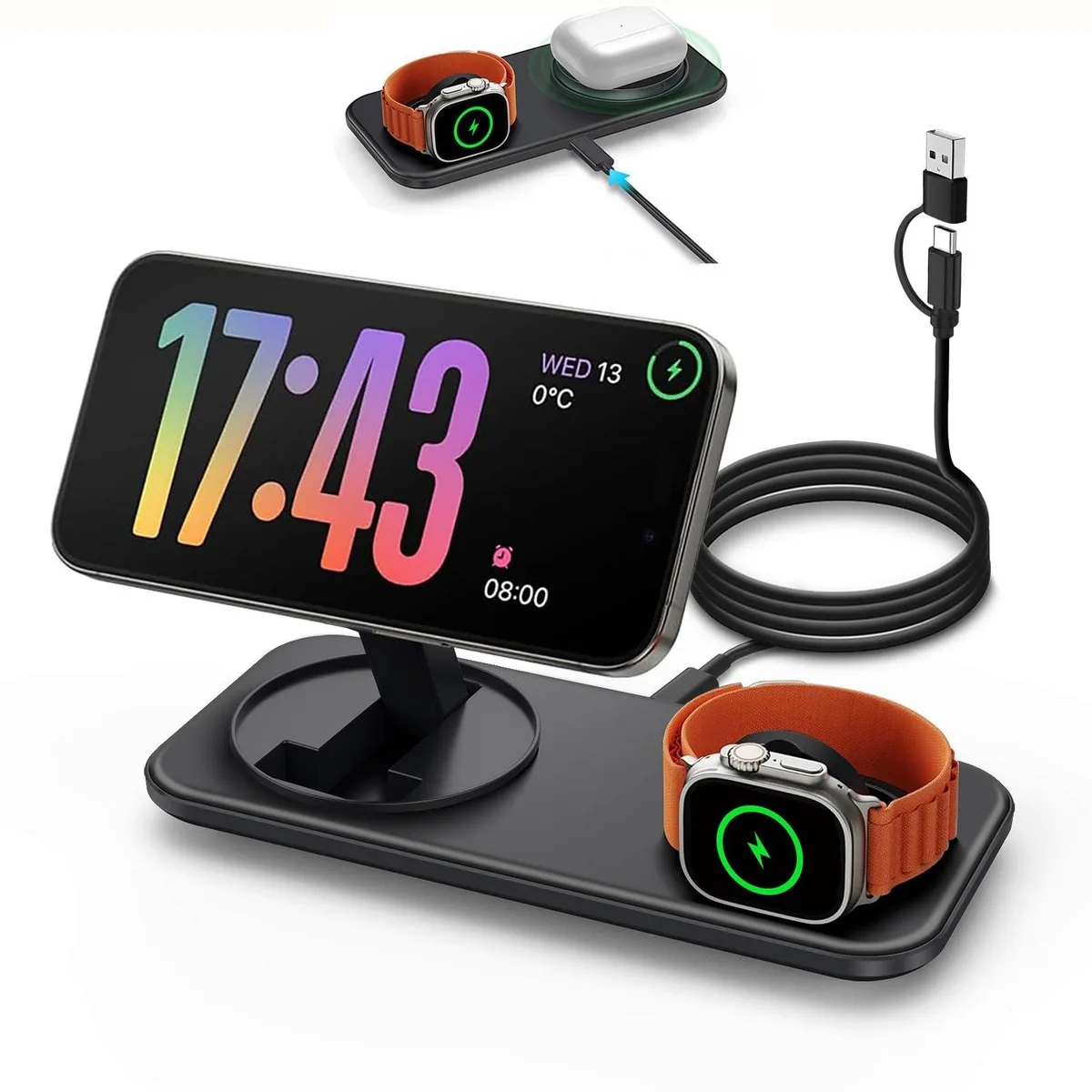 Black foldable magnetic wireless charger with two pads for iPhone and Apple Watch