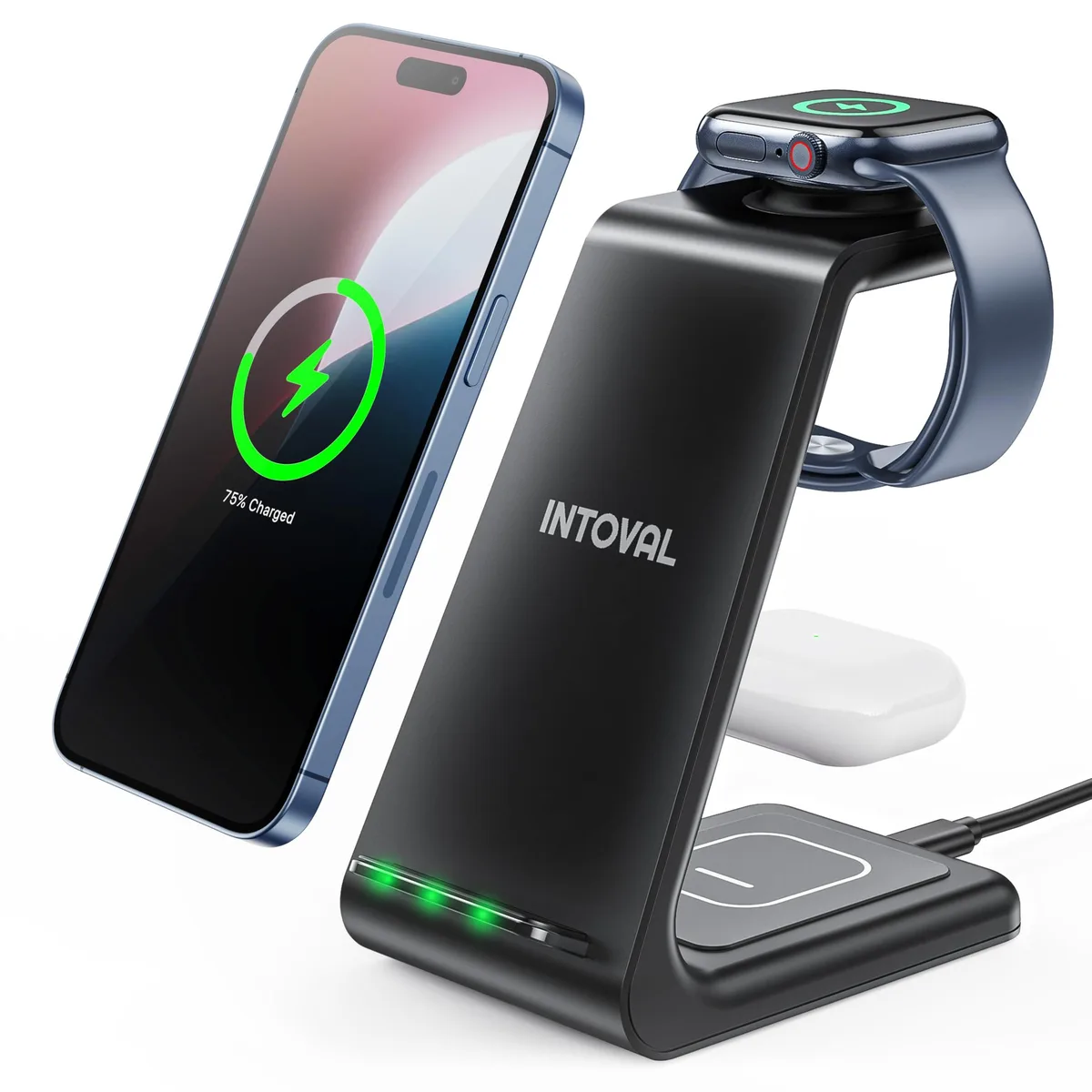 Compact 3-in-1 wireless charging stand with 18W adapter and USB-C cable