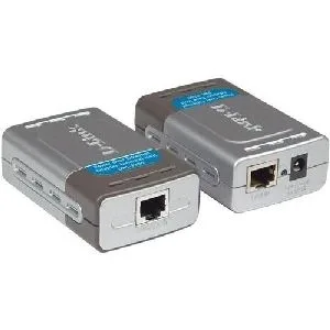 Small white rectangular PoE injector with Ethernet ports and power cable