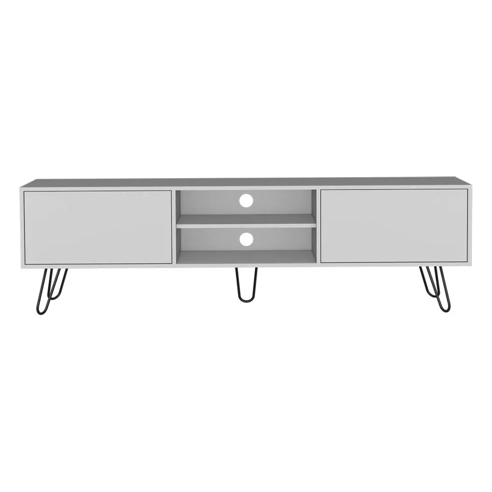 White engineered-wood TV stand with five legs, two open shelves and two closed cabinets
