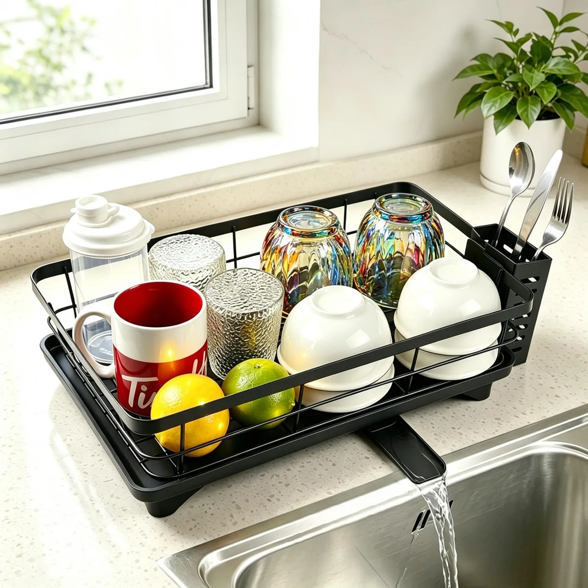 Compact black stainless steel dish rack with utensil holder and drainboard