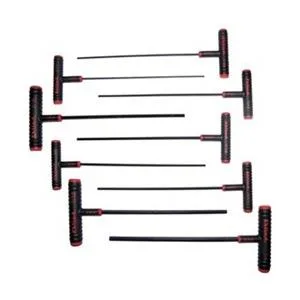 Nine black T-handle hex keys in a plastic case