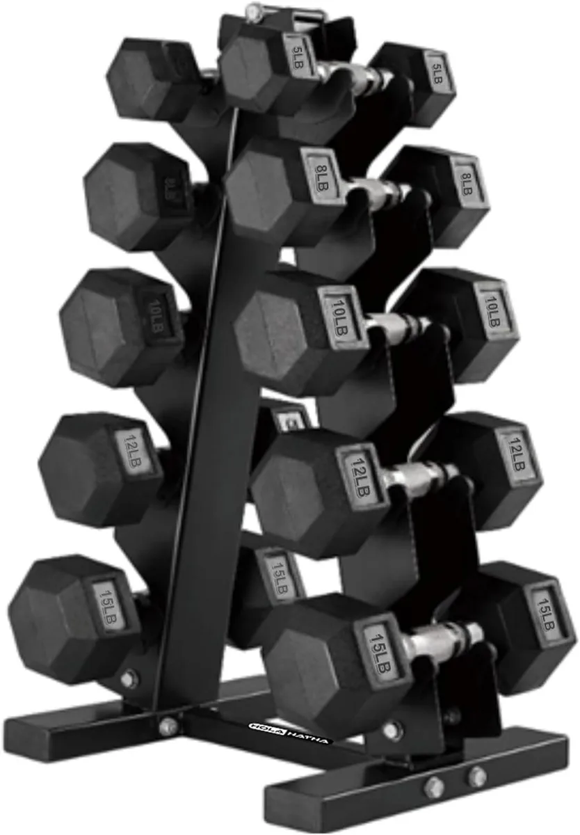 Set of five hexagonal rubber dumbbells on compact rack