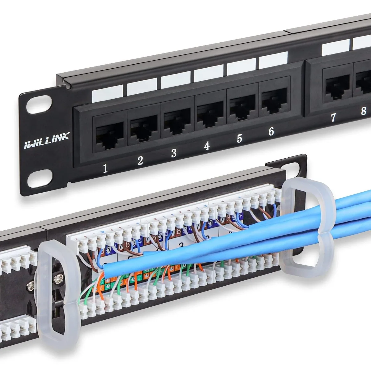 Black 1U metal patch panel with 24 gold RJ45 ports and rear punch-down terminals