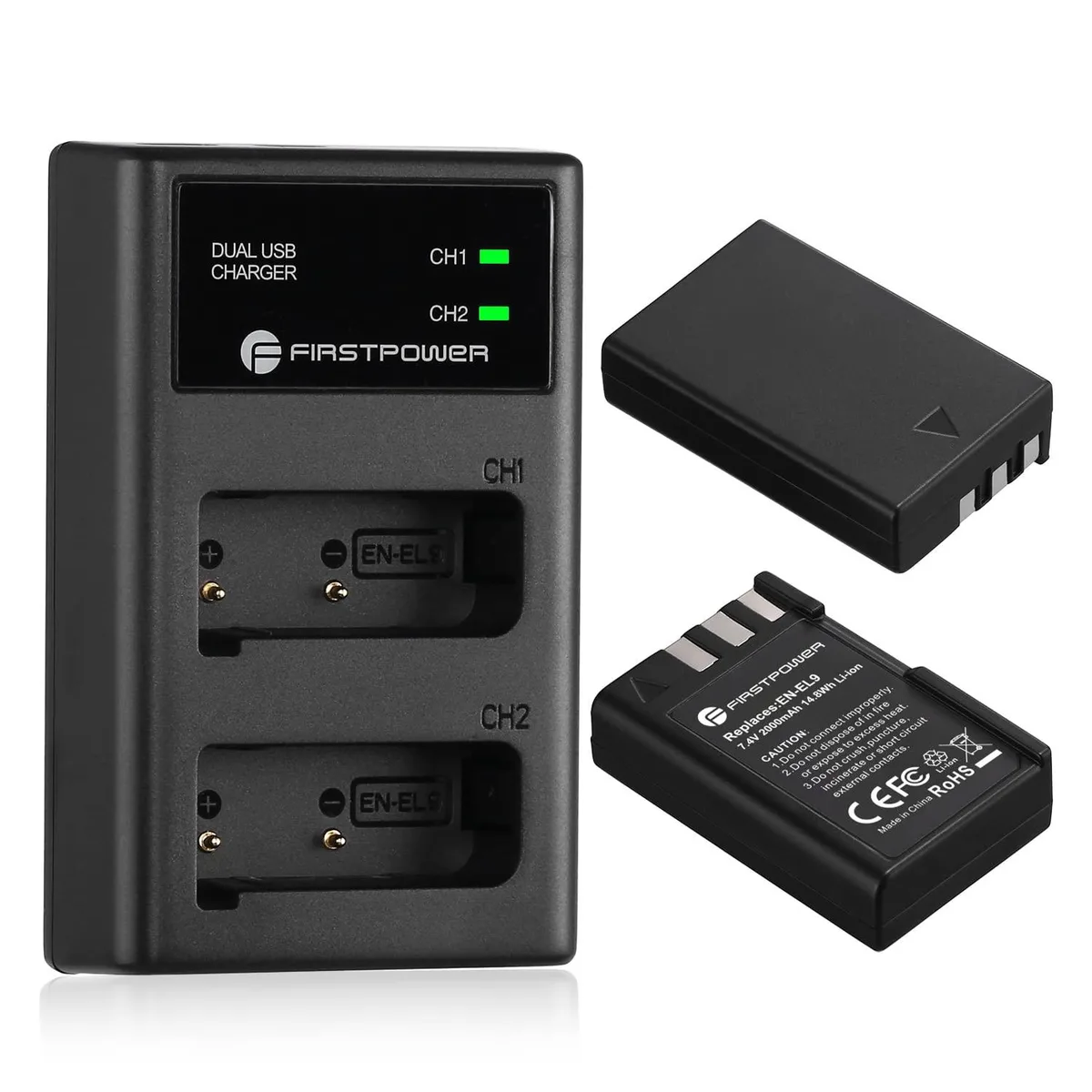  FirstPower EN-EL9/EN-EL9a 2000mAh 2-Pack with Dual USB-C Charger — product photo