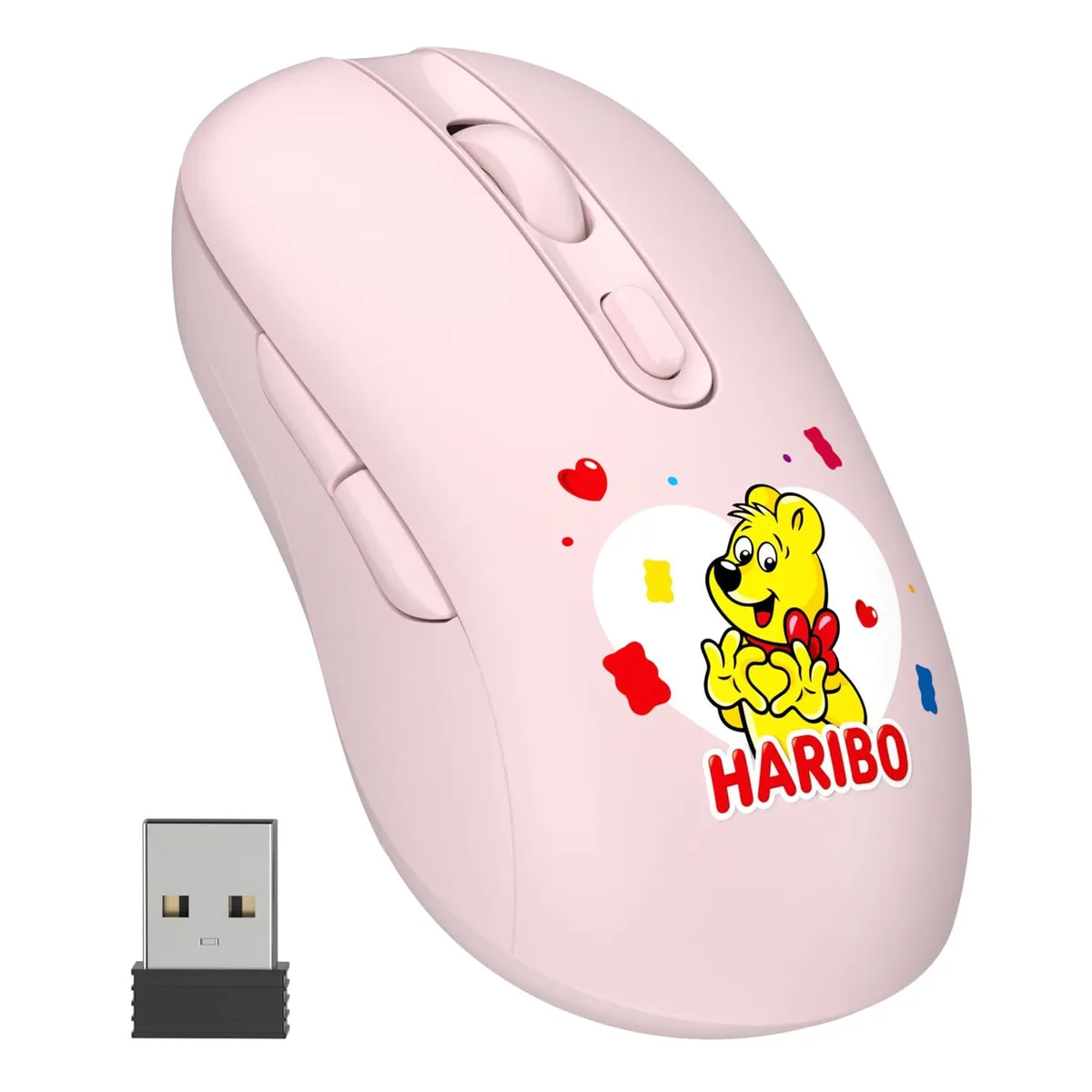 Pink wireless gaming mouse, compact rounded shape, six buttons, nano receiver included