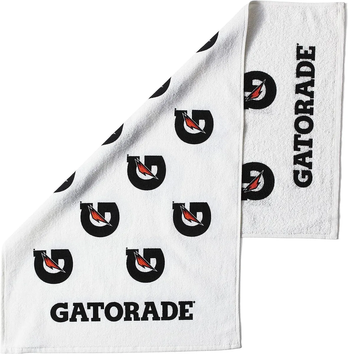 White rectangular cotton towel with black and orange Gatorade branding, 22 by 42 inches