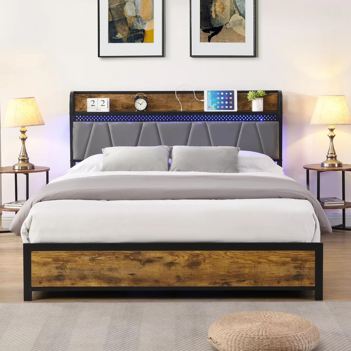 tuphen tuphen Queen Bed Frame with Storage Headboard, Charging Station, 4 Drawers, LED Lights, Brown Grey — product photo