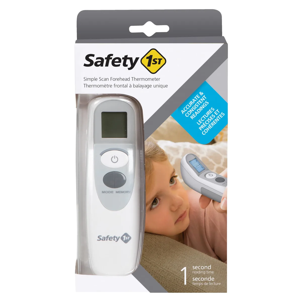 Grey handheld forehead thermometer with touch-free sensor and display