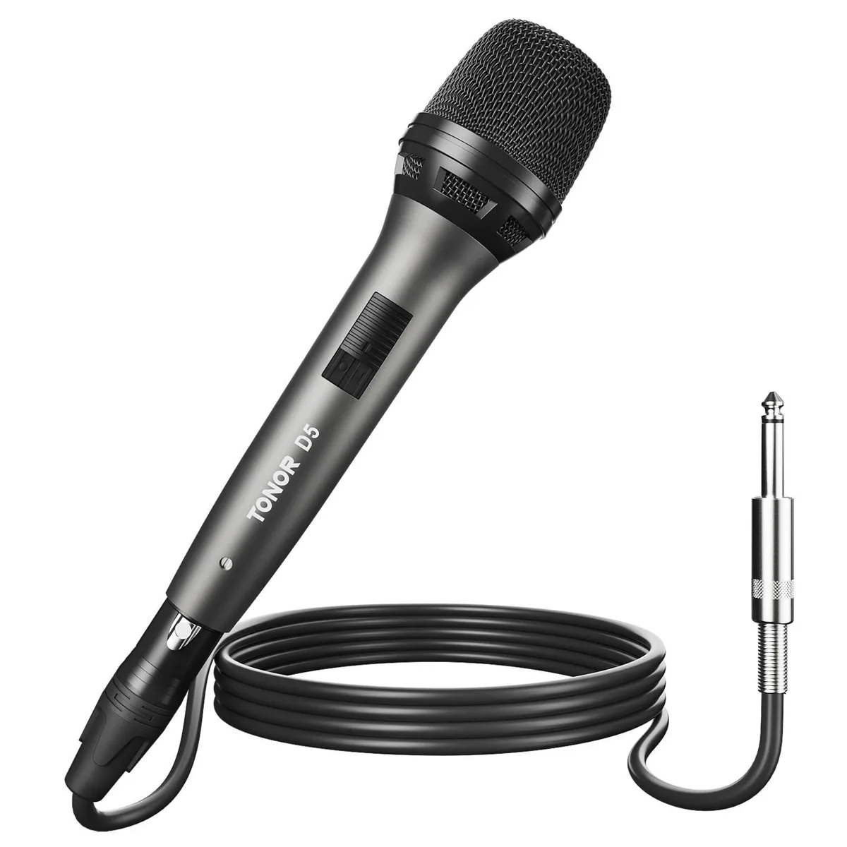 Silver handheld dynamic microphone with XLR cable attached