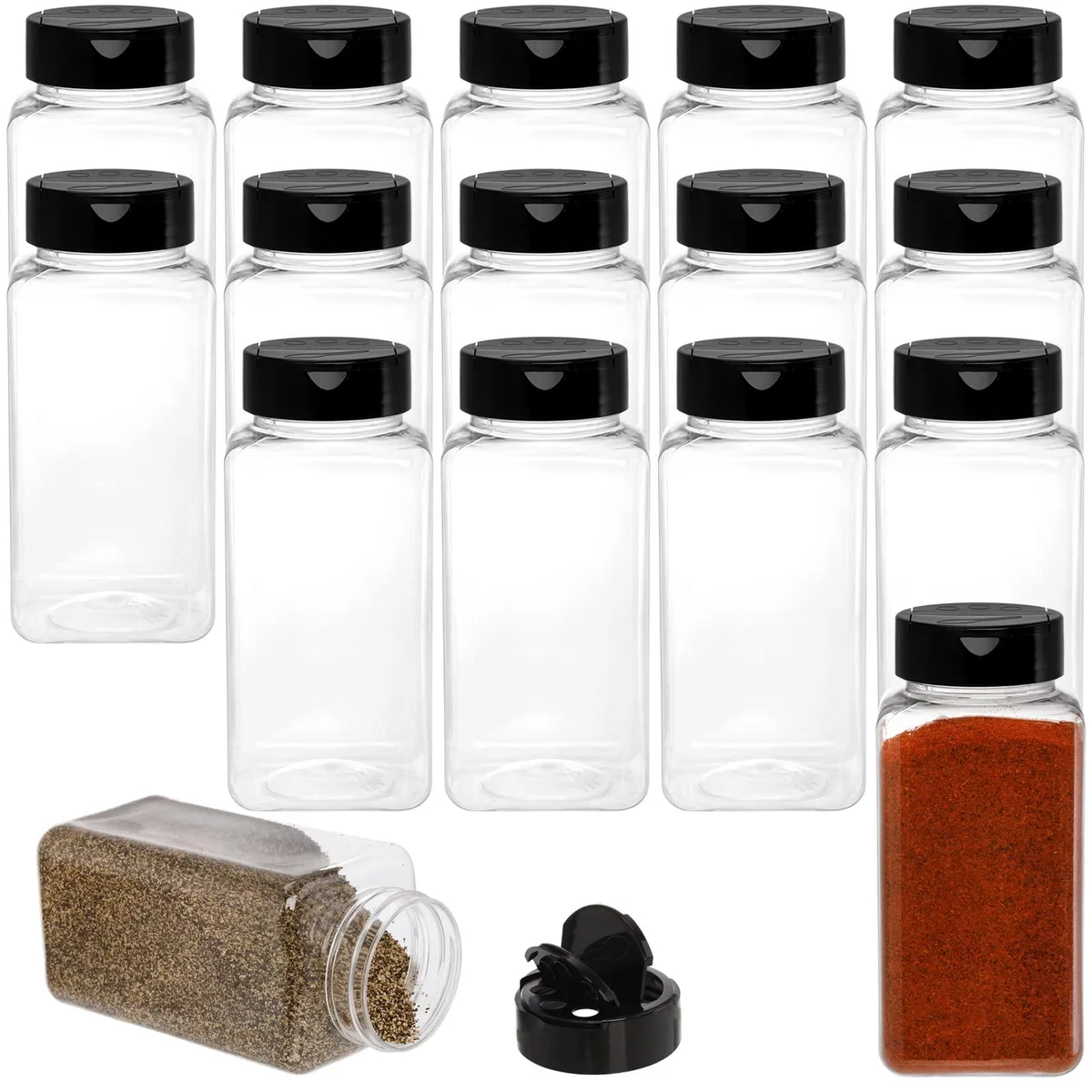 Sixteen clear square PET jars with black flip-top lids, 2.6 by 2.6 by 5.6 inches, 17 fl oz each