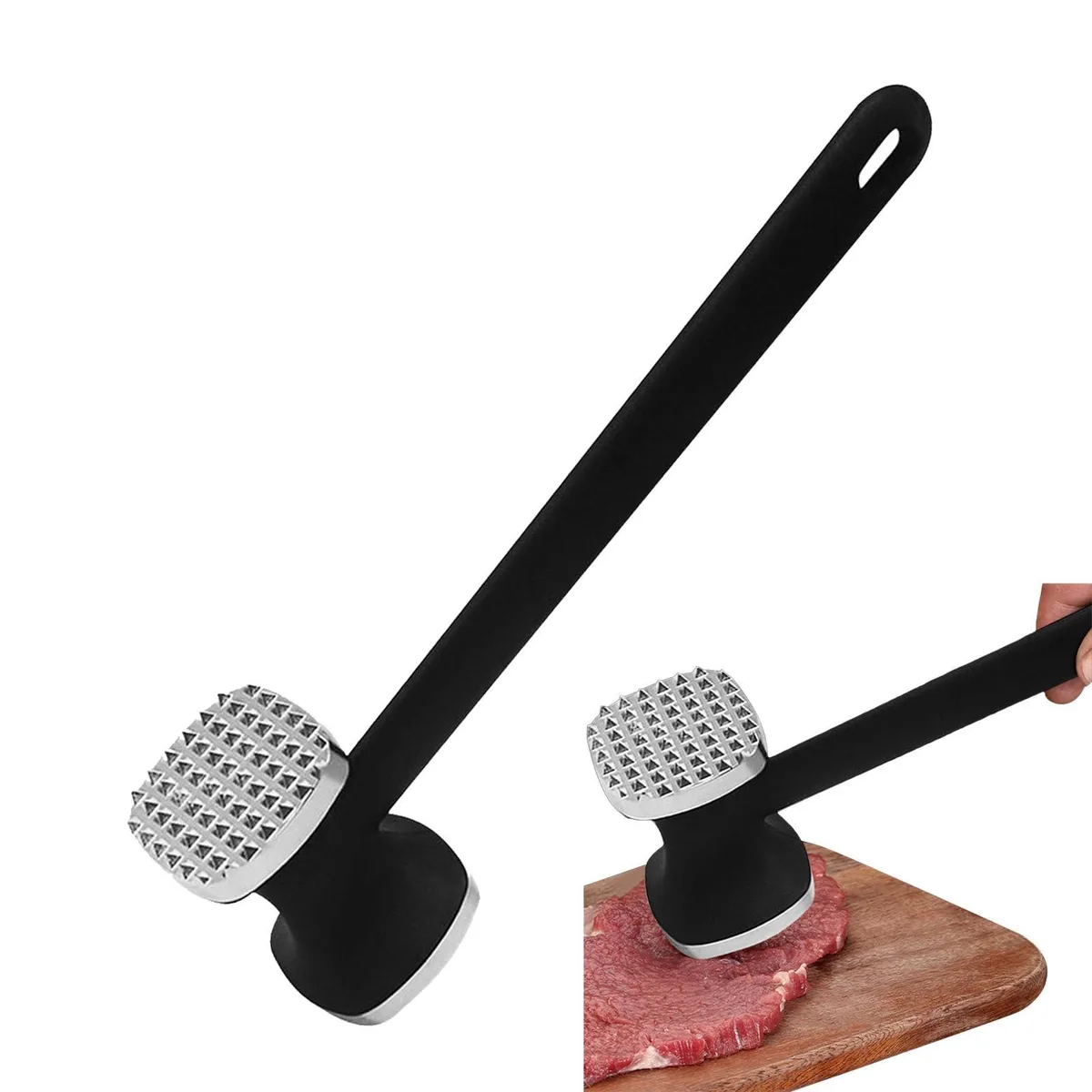 Double-sided zinc-alloy meat mallet with textured and flat faces, black nylon handle with hanging hole