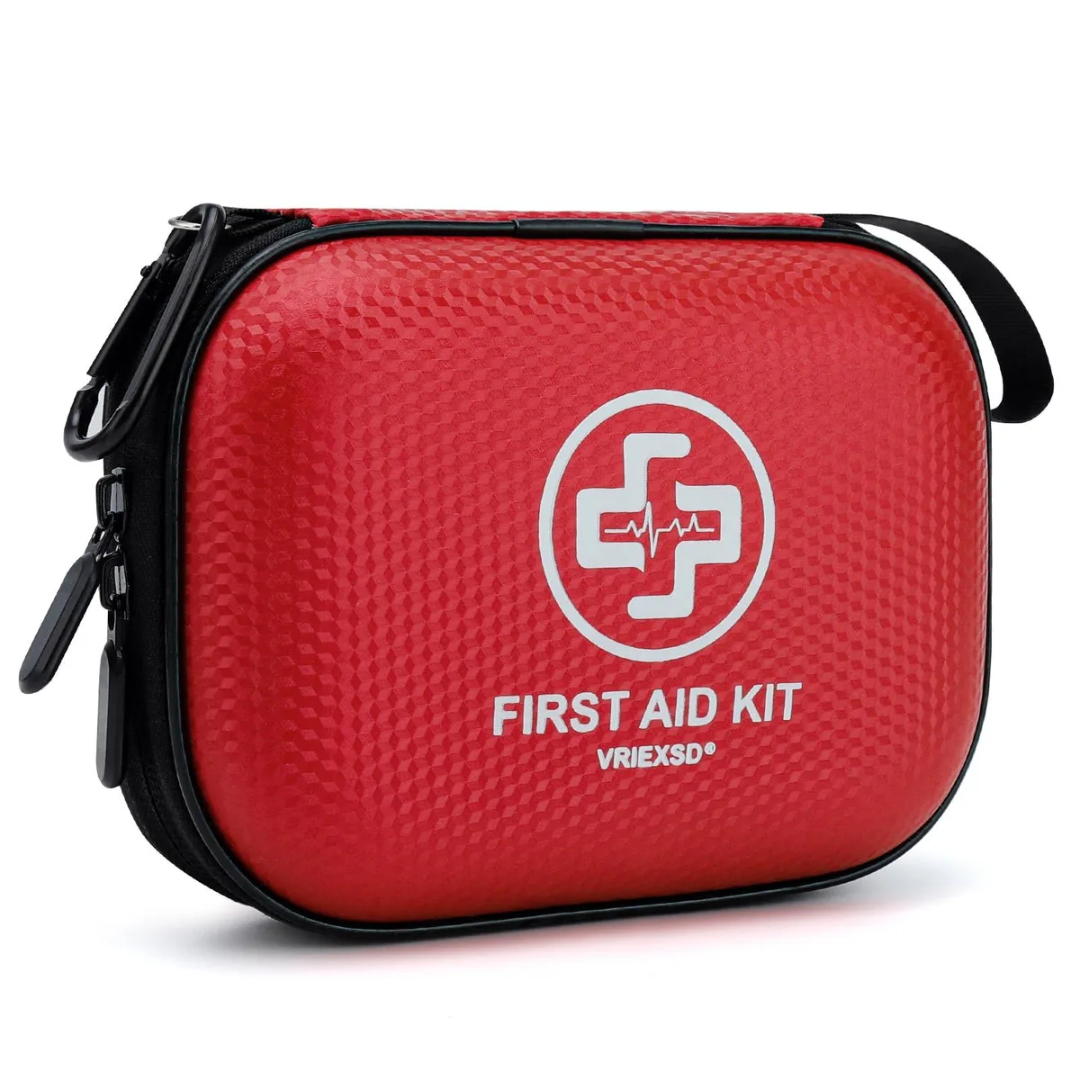 Red waterproof EVA hard-shell first aid kit, compact rectangular case with zip closure and carabiner loop